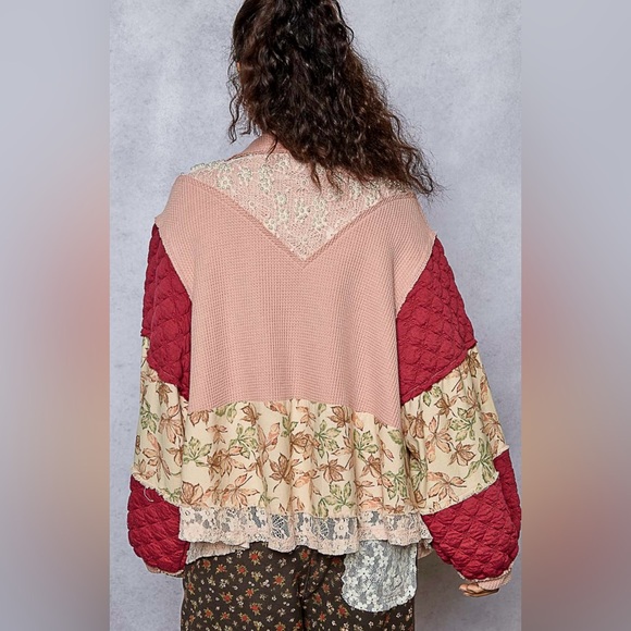 P59. NEW POL Quilted Lace Jacket Floral Pearls Balloon Sleeve Relaxed Fit Mauve - Picture 7 of 9